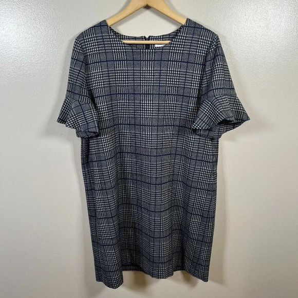 Calvin Klein Houndstooth Knee Length Shift Dress Size 14 Flutter Sleeve Plaid - Picture 1 of 10